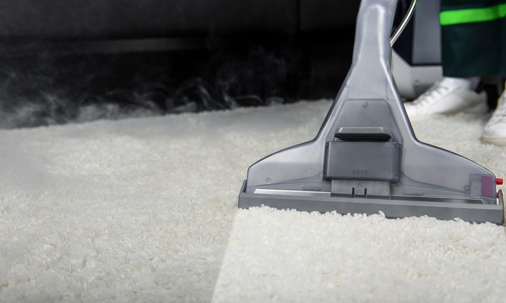 close-up view of person cleaning white carpet with professional vacuum cleaner